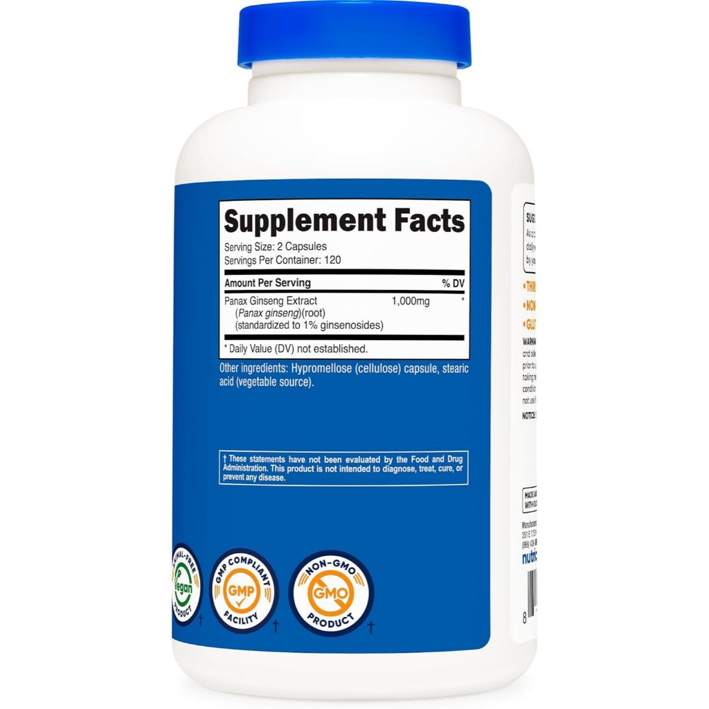 Nutricost Panax Ginseng 1000mg, 240 Capsules - Non GMO, Gluten Free, 120 Servings