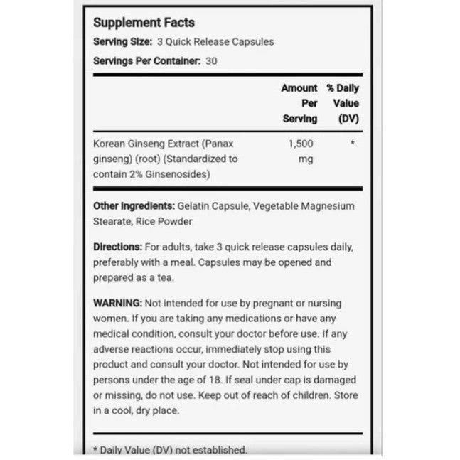 Authentic Korean Panax Ginseng 1500mg 90 Capsules